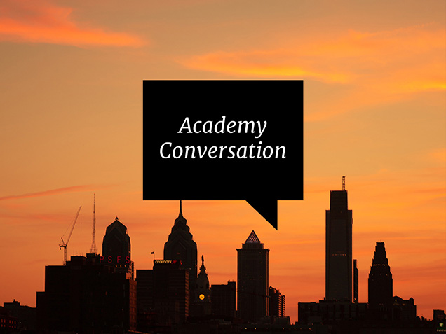 academy conversation, the Philadelphia skyline with an orange sky